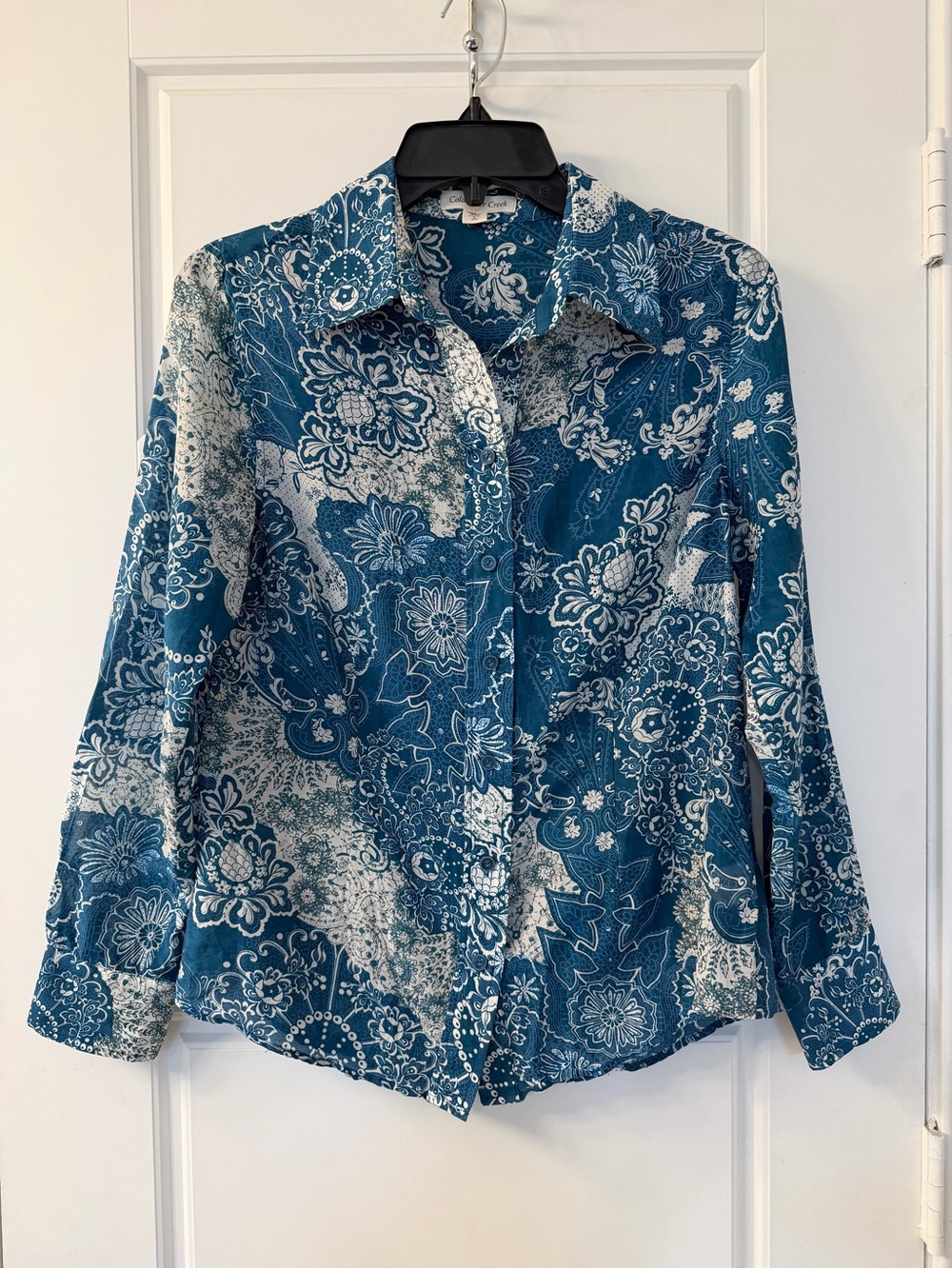 Coldwater Creek| Teal Floral Semi Sheer Cotton Silk Blend Button-Up Shirt | Sz S